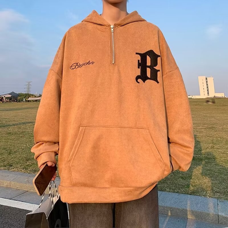 sanyamk Vintage Men's Hoodie Suede Sweatshirt Letter Embroidery Harajuku Autumn Casual Pullover Women Half Zipper Hip Hop Hooded