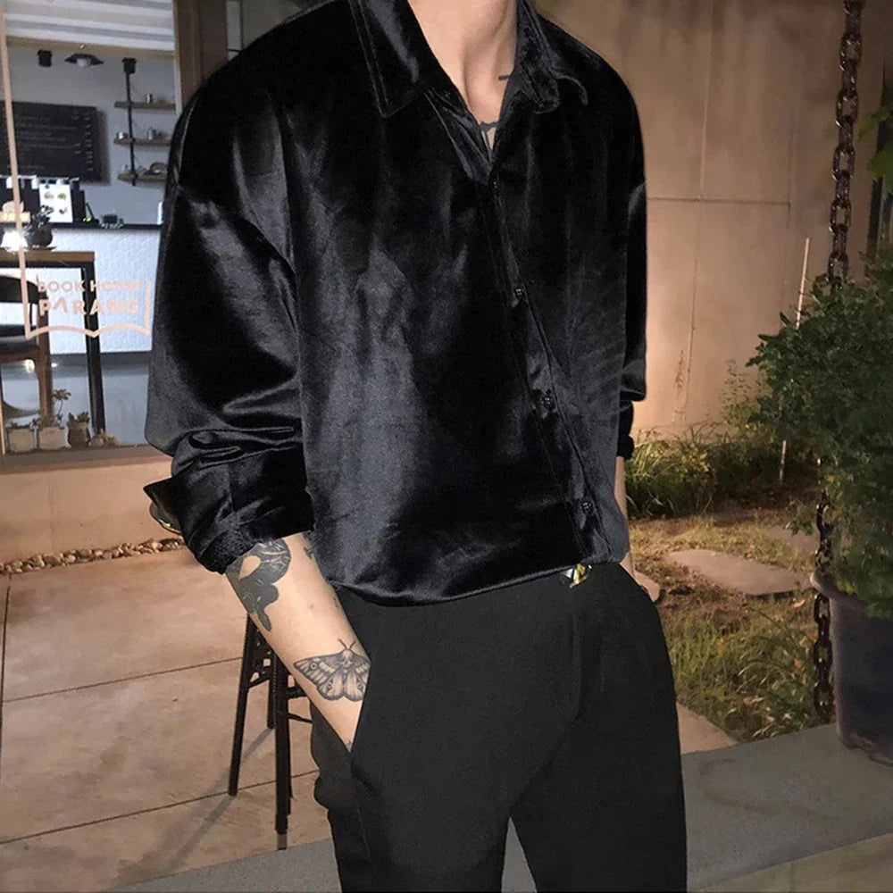 sanyamk Hong Kong Style New Trendy Shiny Long-Sleeve Gold Velvet Shirts Unisex Fashion Temperament Casual Shirts Jackets For Couples