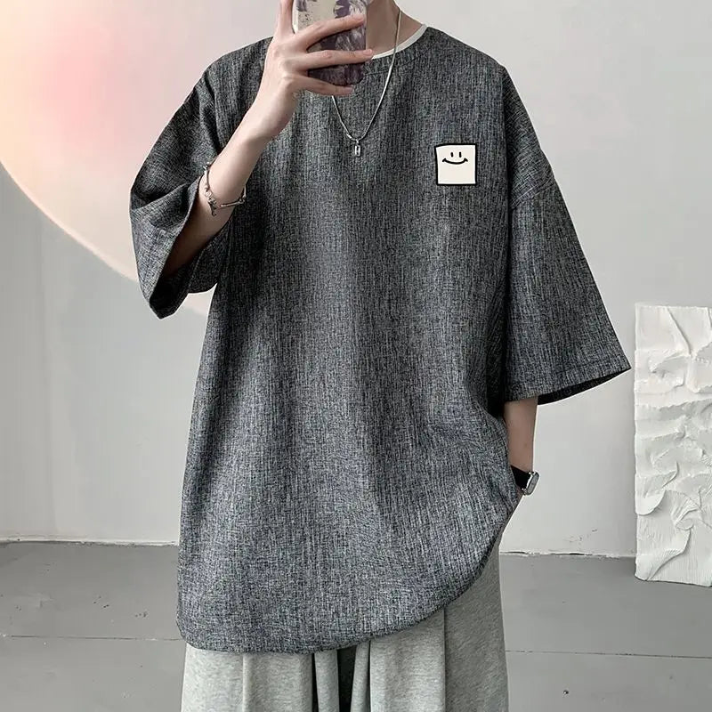 sanyamk - Men's Clothing Short Sleeve Round Neck Loose Straight Pullovers Solid Printing Handsome Simple Casual Streetwear T-Shirts