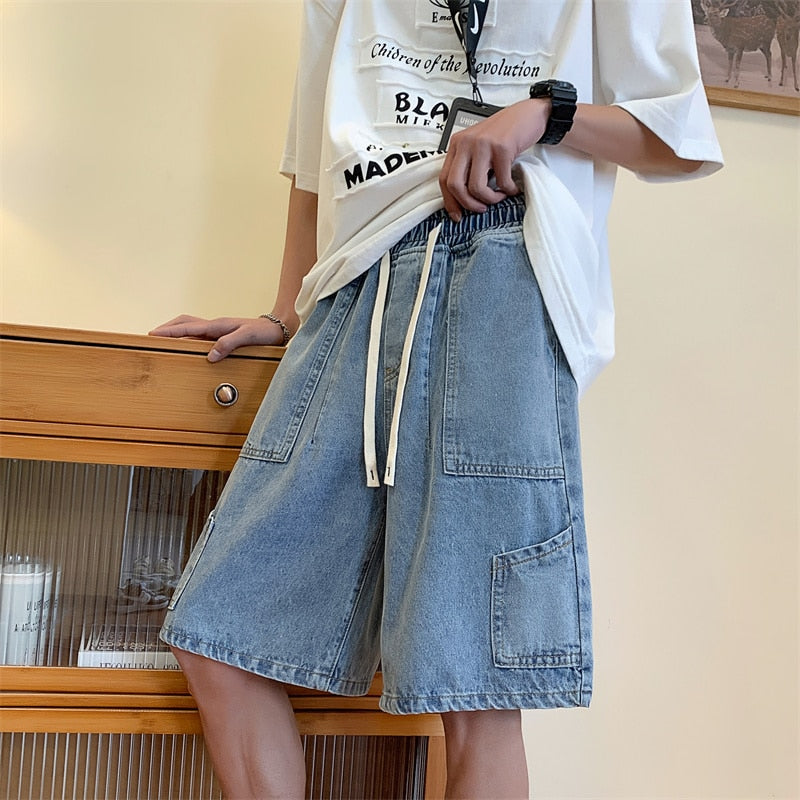 Bonsir Summer Denim Shorts Men Fashion Vintage Pocket Denim Shorts Mens Japanese Streetwear Hip-hop Loose Cargo Jeans Shorts Men M-3XL