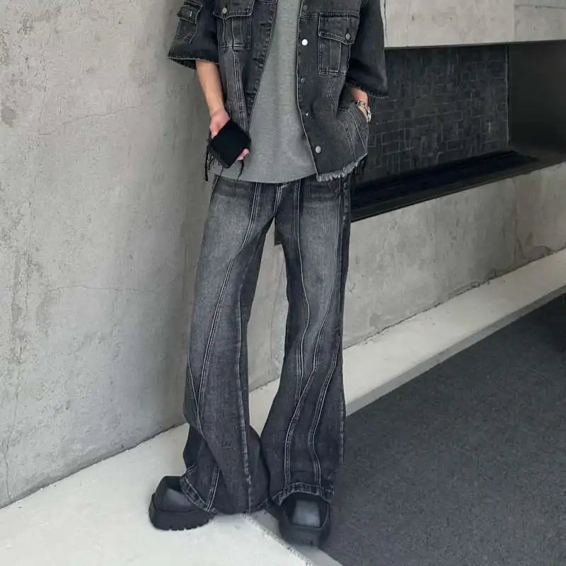 sanyamk American street retro high street men and women trendy personalized washed straight leg jeans loose micro flared casual pants