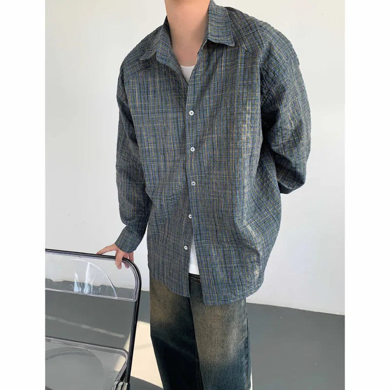 sanyamk Autumn Long Sleeved Shirt Men Fashion Color Plaid Shirt Men Streetwear Korean Loose Casual Shirt Mens Oversized Vintage Shirts