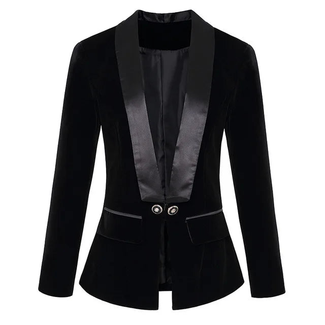 sanyamk - Dark Blue Black Blazer Women Spring Autumn Long Sleeve Velvet Coats Shawl Collar Single Button Blazers Women Jacket Coat Female