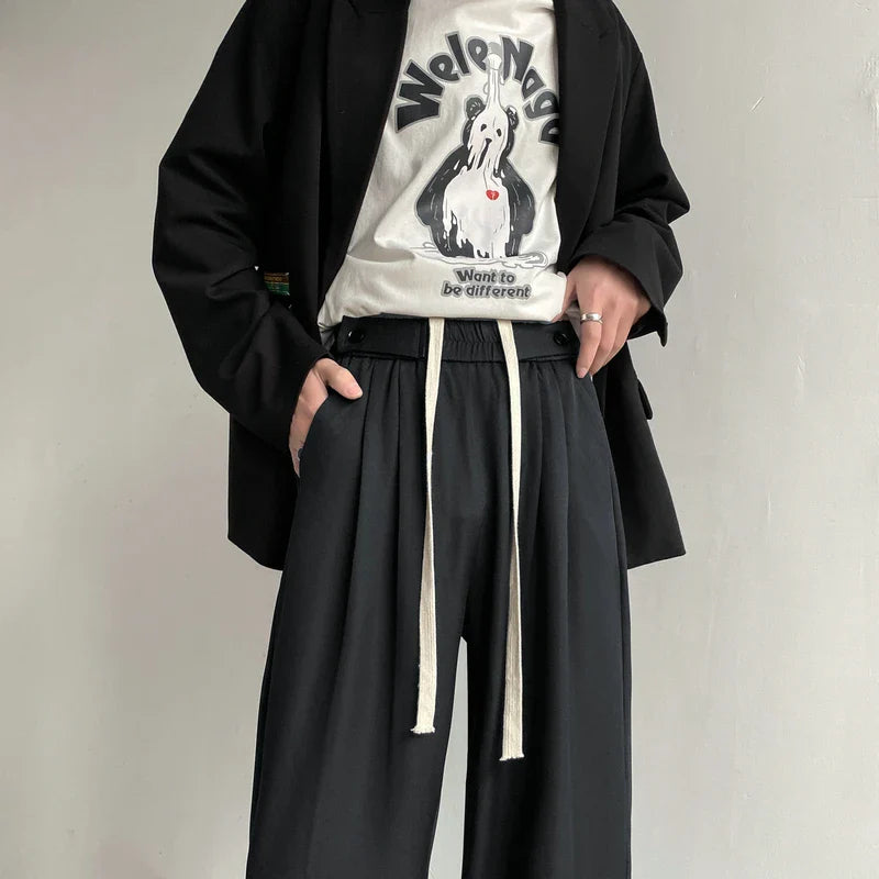 sanyamk - Khaki Black Suit Pants Men Fashion Social Mens Dress Pants Korean Loose Wide Leg Pants Mens Straight Casual Trousers M-2XL