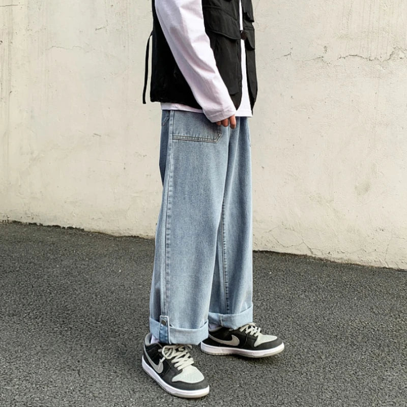 sanyamk Spring New Wide-leg Jeans Men's Straight Loose Pants Hong Kong Style Trend Retro Trousers Bottom Buckle Ankle-length pants