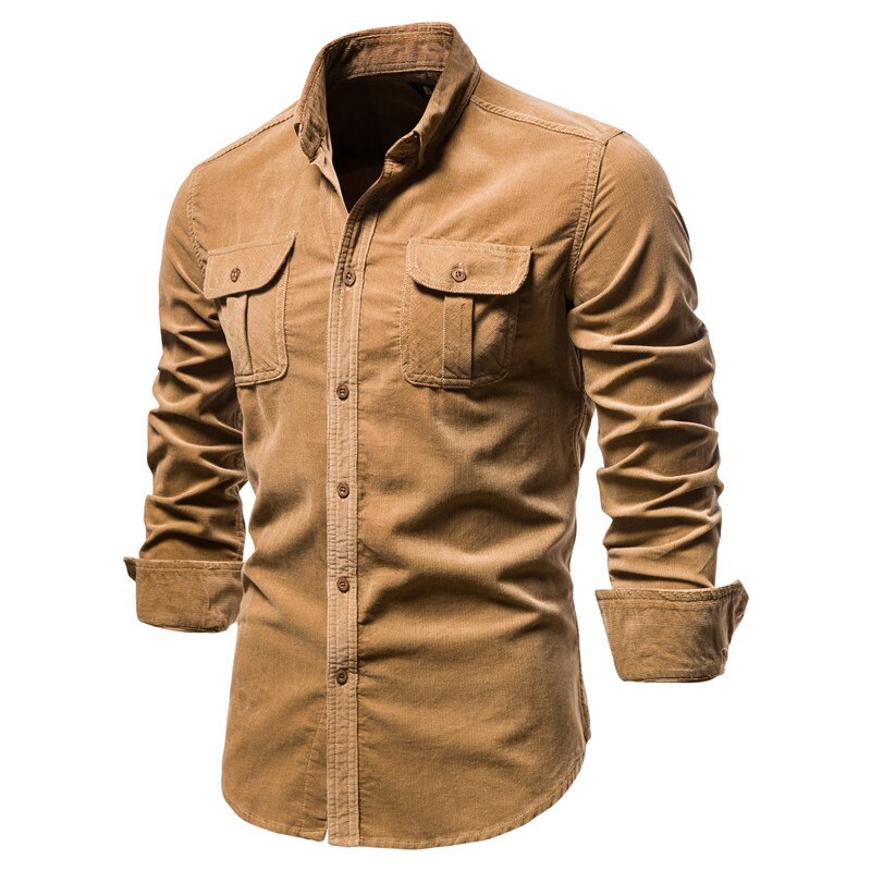 Bonsir Men's Shirt Cotton Lapel Casual Spring Autumn Corduroy Shirts for Men Slim Solid Color Shirts Long Sleeve Tops EU Size
