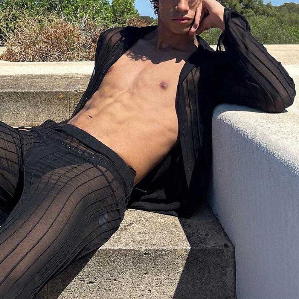 sanyamk Casual Sexy See-through Cardigan Men's Straight Trousers Trousers MenS Fashion Suit Autumn New Two-piece Set