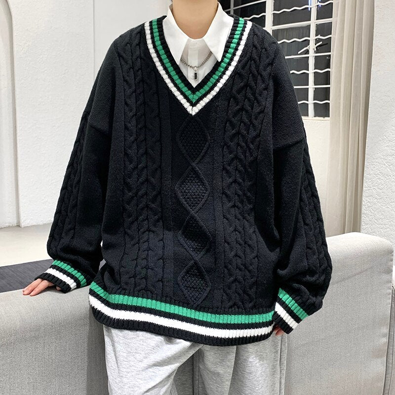 Bonsir Winter V-neck Sweater Men New Patchwork Color Knitted Sweater Pullover Harajuku Couple Streetwear Loose Knitwear Oversized 2XL