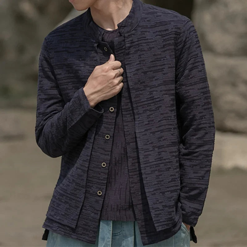 sanyamk - Chinese Style Stand-Up Collar Shirt Men Spring Autumn Linen Tang Suit Shirt Fake Two Loose Plus Size Coat Tai Chi Clothes Male