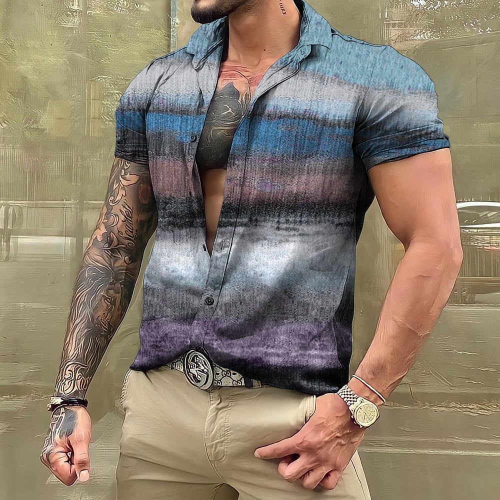 Bonsir Vintage For Men Shirts Patchwork 3d Print Camisas Lapel Oversized Short Sleeve Tops Streetwear Summer Male Hawaiian Shirt Tees