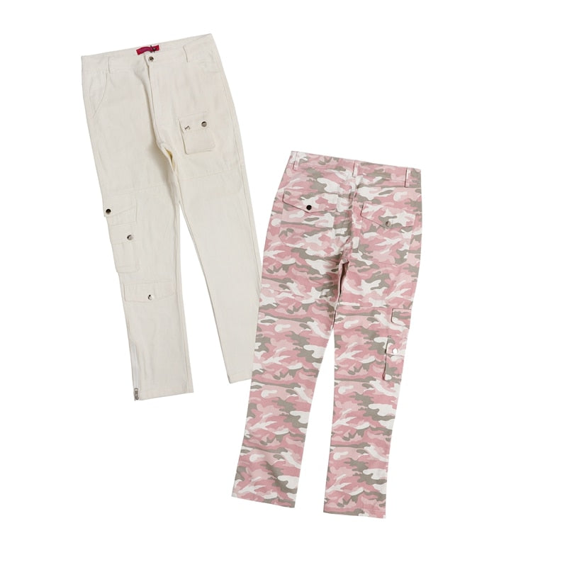 Bonsir Harajuku Camou Wide Cargo Pants Hiphop Zipper Multi-pocket Pink Camouflage Micro Flared Pants for Men Slim Women Clothing