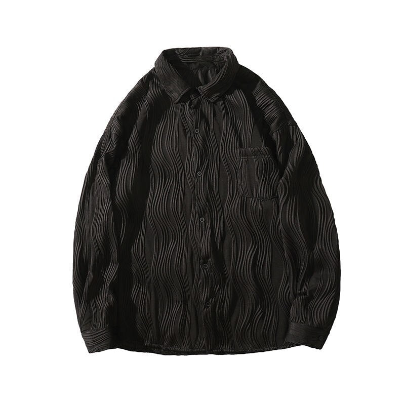 Bonsir Autumn Pleated Shirt Men Fashion 4-color Casual Ice Silk Shirt Mens Japanese Loose Long-sleeved Shirt Mens Large Size M-5XL