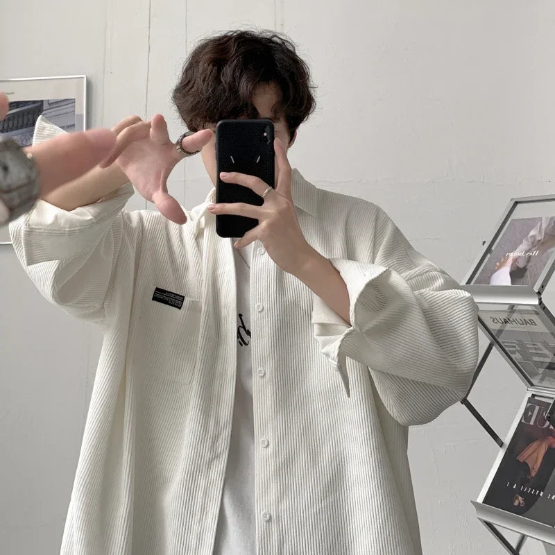 sanyamk - Mens Corduroy Shirts Streetwear Harajuku Japanese Style Oversize Unisex Blouses