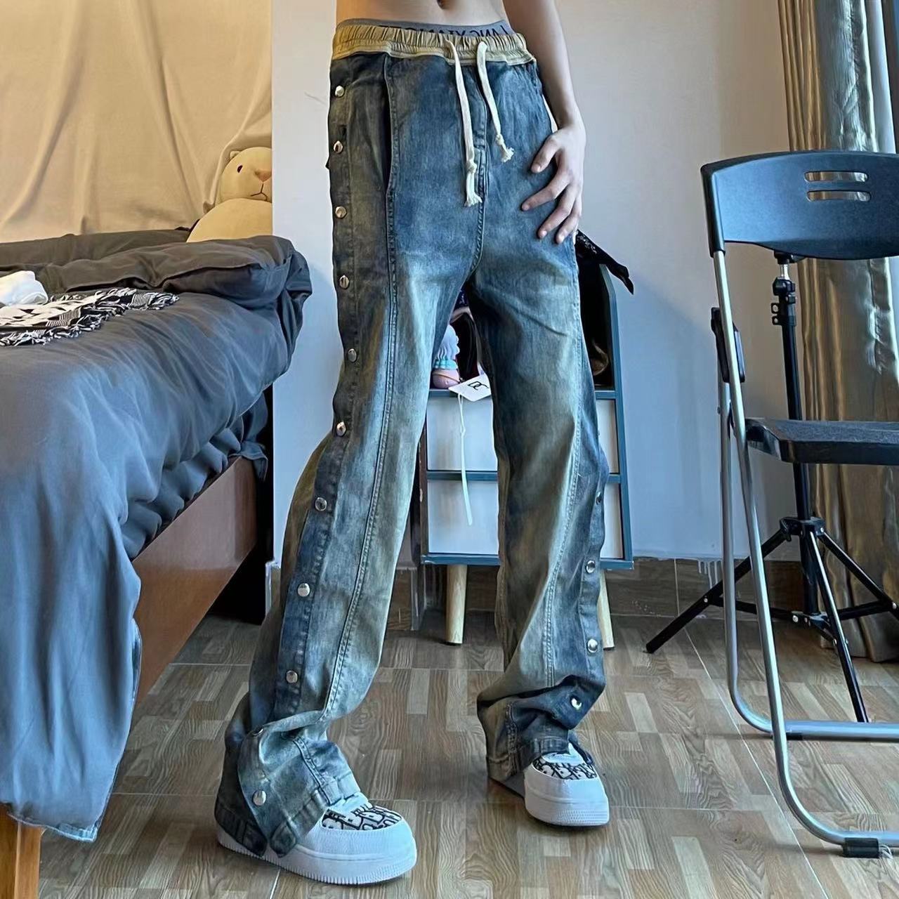 sanyamk Men's American Street Hip Hop Jeans Drawstring Denim Causal Pants Tide Wash Retro Loose High-quality Trousers Size S-3XL