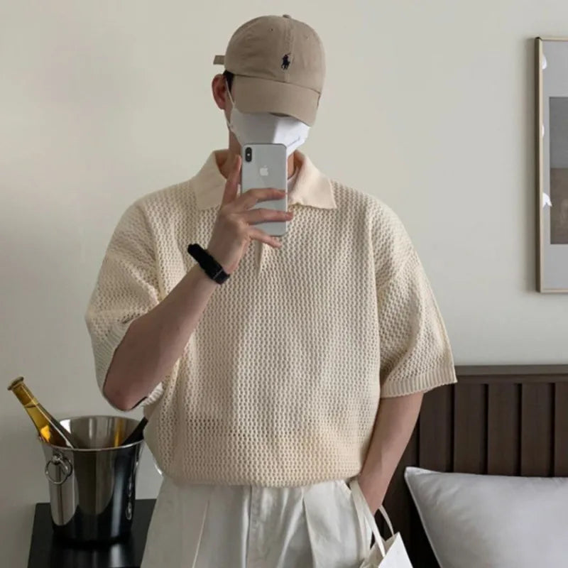 sanyamk - Simple Loose Men's T-shirts Knitting Casual Solid Color Lapel Short Sleeve Hollow Out Tops New Summer Simple 2024 9C6071
