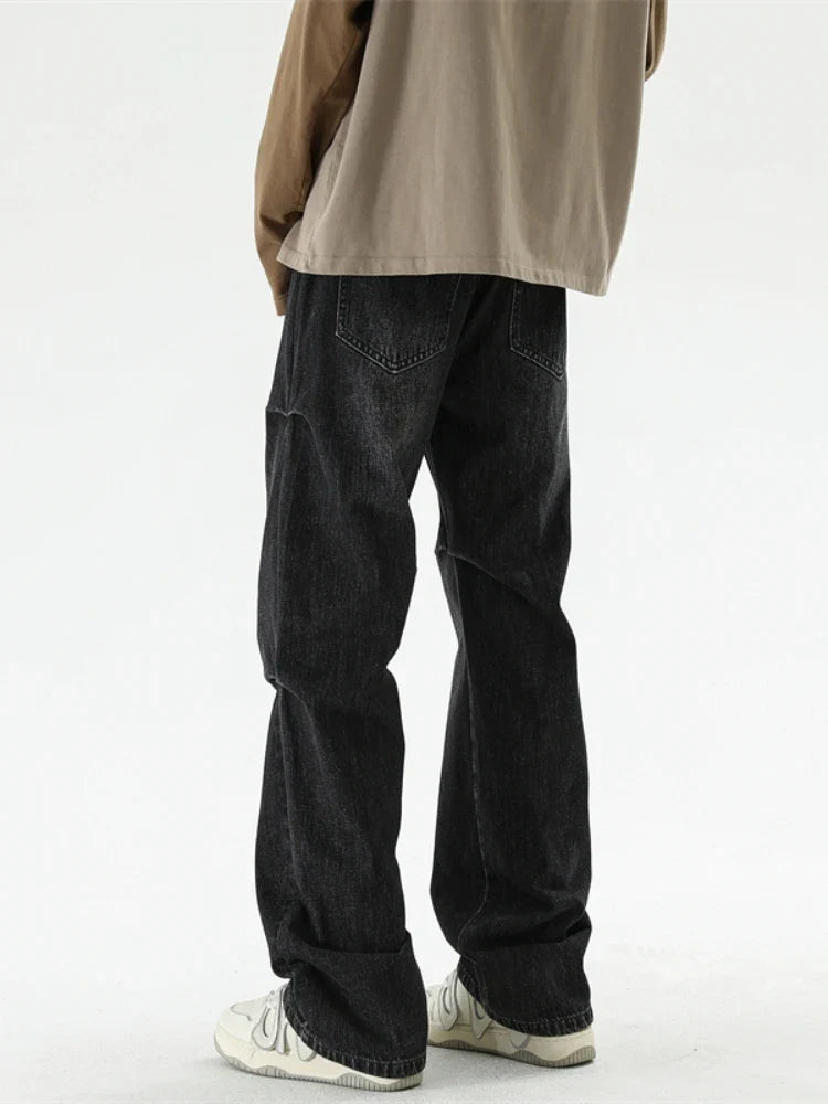 Bonsir Autumn New Wide Leg Jeans Men Belt Buckle Trousers Neutral Loose Casual Hip Hop Streetwear Washed Vintage Wrinkled Denim Pants