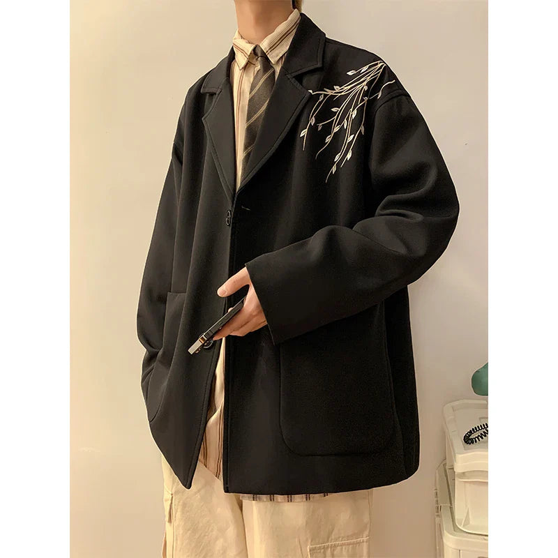 sanyamk Casual Blazers Men Orchid Embroidery Solid Color Single Breasted Suit Jackets Japan Style Notched Collar Popular Interview Suits
