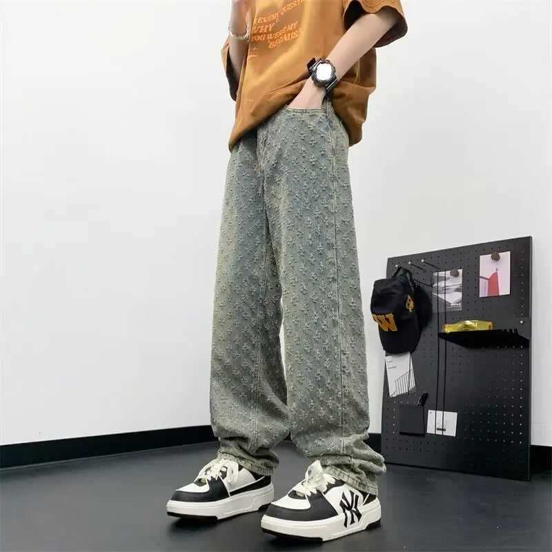 sanyamk Jacquard Pattern JEANS MEN 2024 NEW Denim Pants Male Straight Fitting Baggy Bottoms Distressed Wide Jeans For Men