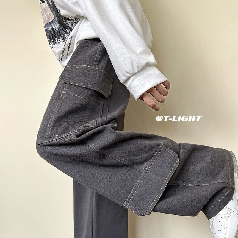 Bonsir Autumn Cotton Cargo Pants Men Fashion Pocket Casual Pants Men Japanese Streetwear Hip Hop Loose Straight Pants Mens Trousers