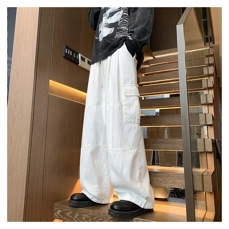 BONSIR - Multi-Pocket Washed Cargo Pants Men Women Y2K Vintage Streetwear Loose Oversized Straight Wide-Leg Jeans Dark Green/Purple