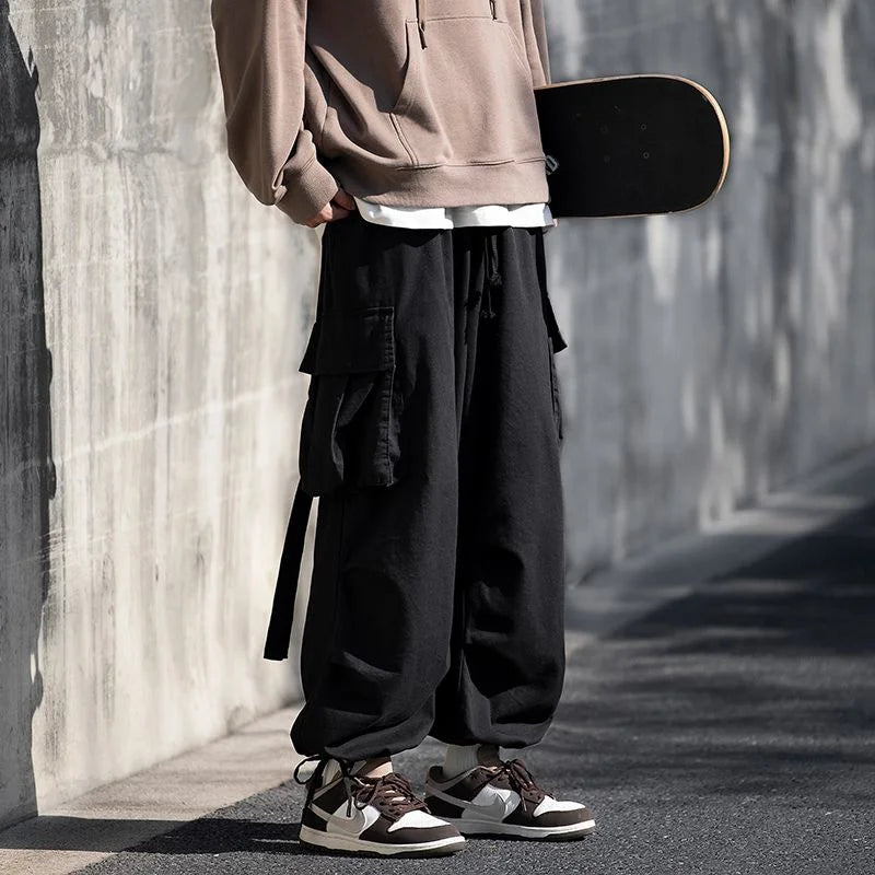sanyamk Korean Version Vintage High Street Casual Work Pants Men's Students Solid Elastic Waist Pockets Loose Wide Leg Straight Trousers