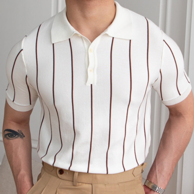 sanyamk Contrasting Stripes Casual Slim Lapel Polo Summer Knit Lapel T-shirt Polo Camisa Hombre British Men's Shirt Mannen Polo