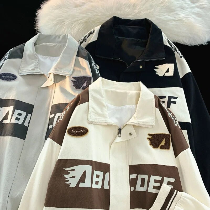 Bonsir American Vintage Racing Jacket Men Cycling Lapel Jacket Women BF Letter Varsity Coat Oversize High Street Vibe Baseball Uniform