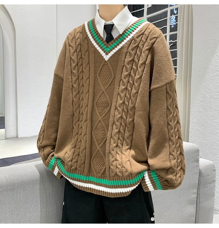Bonsir Winter V-neck Sweater Men New Patchwork Color Knitted Sweater Pullover Harajuku Couple Streetwear Loose Knitwear Oversized 2XL