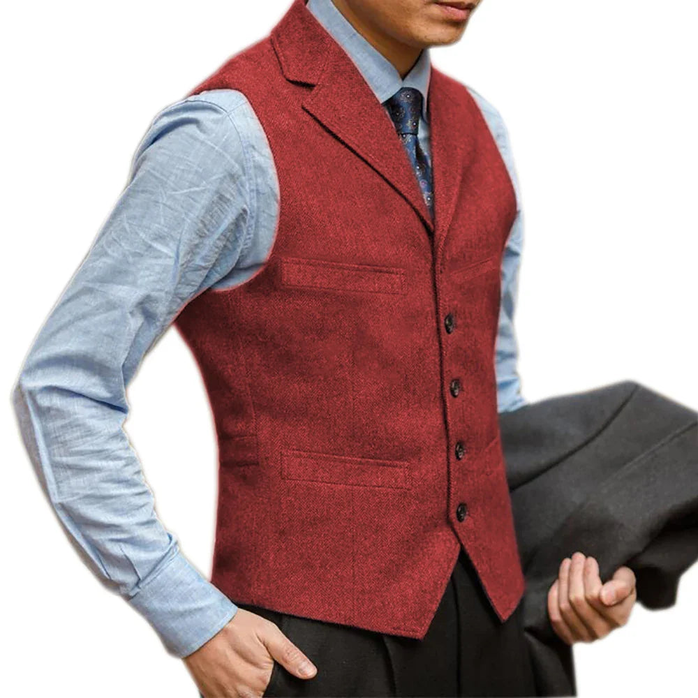 sanyamk Men Vest British Herringbone Tweed Suit Vest Business Formal Dress Waistcoat Notch Lapel Sleeveless Casual Suit Vests