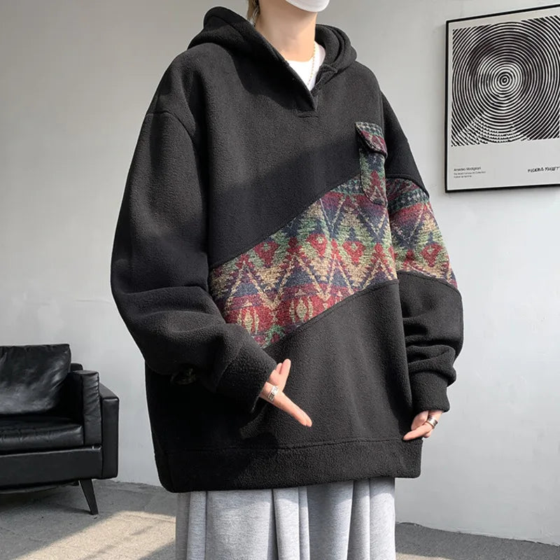 sanyamk - Korean Style Patchwork Men's Hoodie Contrast Color Pockets Casual Warm Male Fleece Sweatshirts 2024 Autumn Winter 9C8850