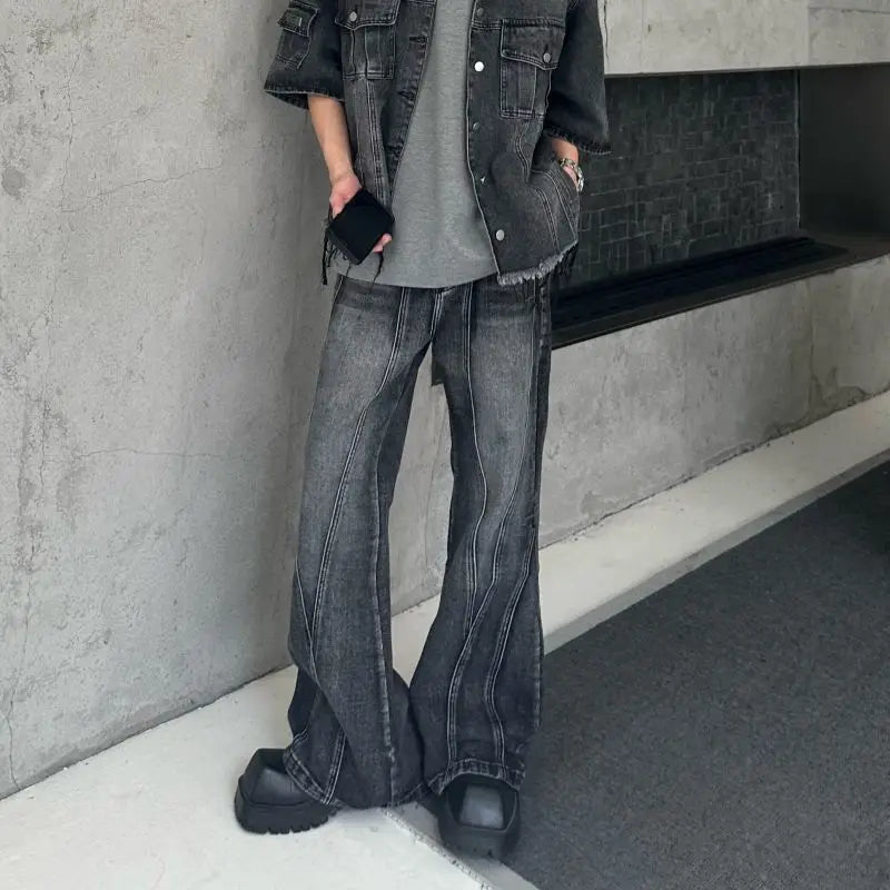 sanyamk American street retro high street men and women trendy personalized washed straight leg jeans loose micro flared casual pants