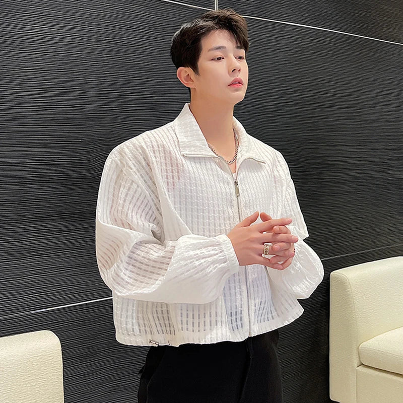 sanyamk Men's Hollow Out Design 2024 Elegant Casual Jackets Personality Thin Outerwear Short Coat Korean Fashion New Tops