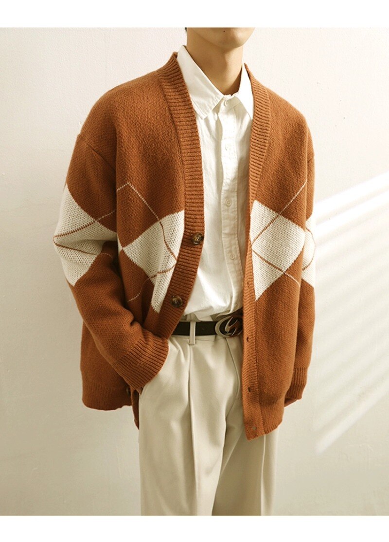 Bonsir Men's Knitted Cardigan Sweater Jacket Jacquard V-neck Women Autumn Loose Casual Button Long Sleeves Single-breasted Sweaters