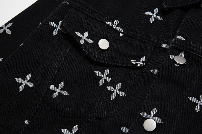 sanyamk High Street Full Cross Print Laple Black Jeans Coats for Men and Women Spliced Retro Hip Hop Autumn Casual Denim Jacket