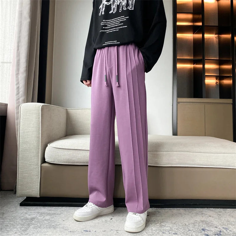 BONSIR - Mens Casual Long Straight Pants Solid Wide Leg Stretch Waist Sweatpants Side Stitching Waterfall Trousers Male Black White