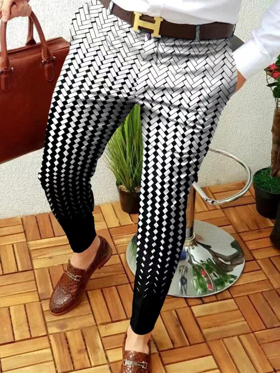 Bonsir Men Business Casual Trousers Retro Pattern Printed Straight Long Pants Spring Autumn Mens Jogging Pencil Pants Pantalones Hombre