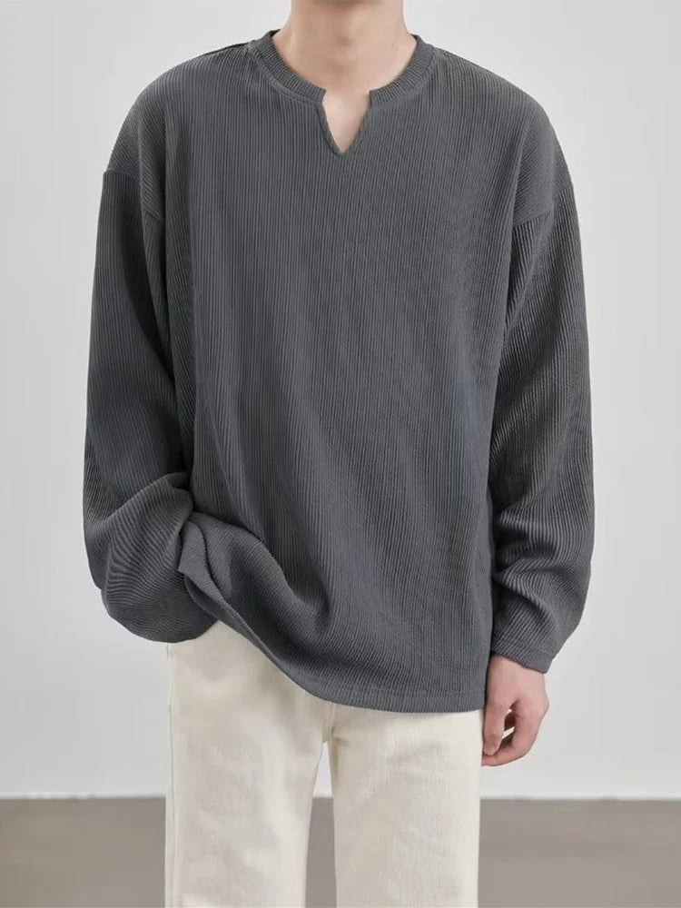 sanyamk - Pleated Design Drape V Neck T Shirt Men Stylish Pure Color Long Sleeve Loose T-shirts Fall New Casual Mens Pullovers Streetwear