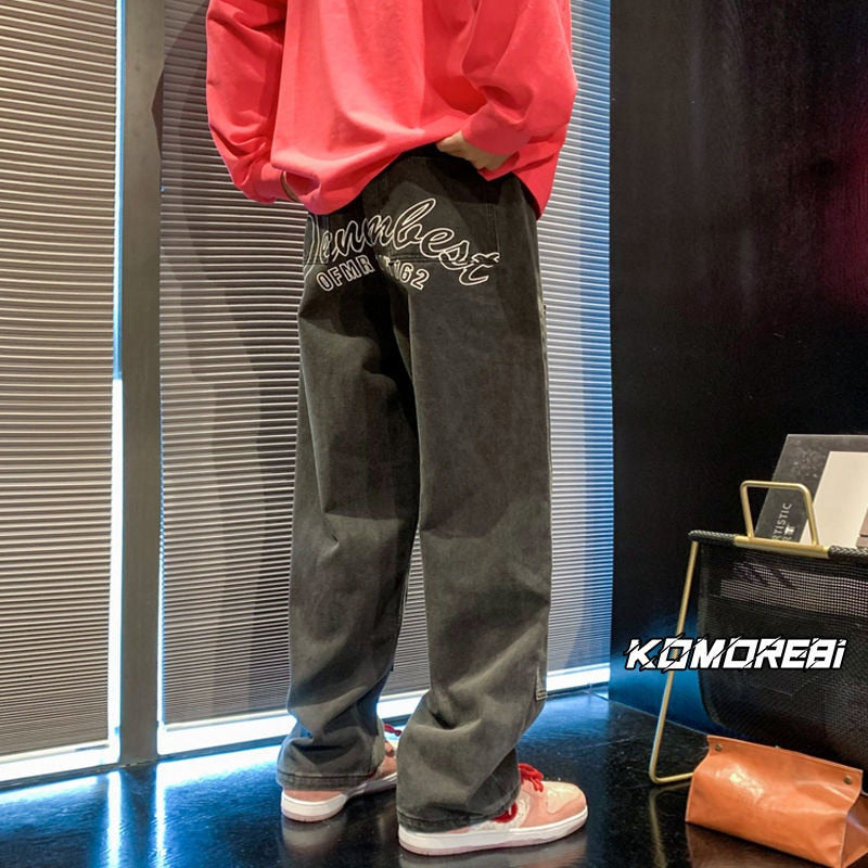 Bonsir High Street Letter Men's Denim Pants Straight Leg Fashion Jeans Hip Hop Male Brand Gothic Vintage Trousers