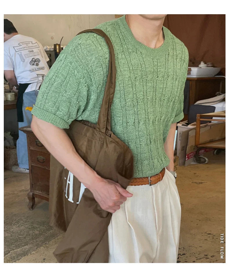 sanyamk - Summer Handsome Well Fitting Tops 2024 New Men Knitted O-Neck Simple Daily T-shirts Casual Fashion Solid Short Sleeve B102