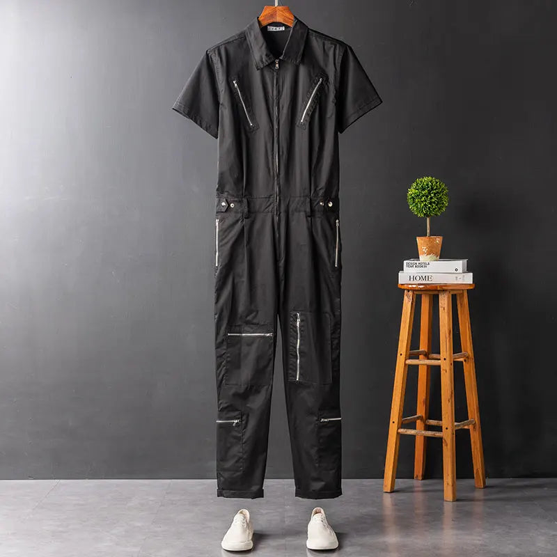sanyamk - Summer Overalls Men Jumpsuit Lapel Cotton Short Sleeve Multi-Pocket Zipper Hip Hop Streetwear Pants Black Gray Trousers