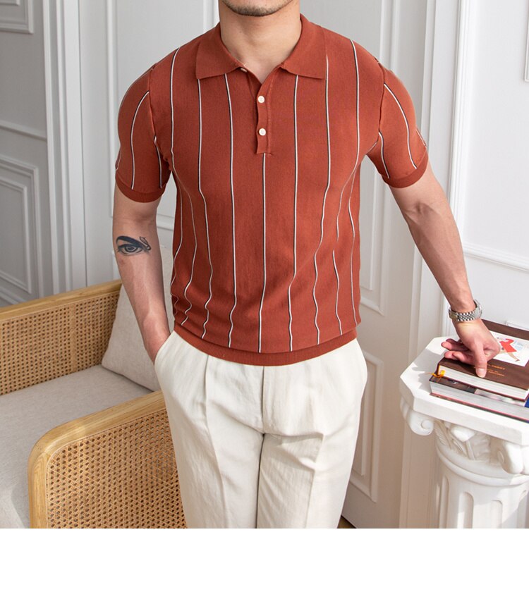 sanyamk Contrasting Stripes Casual Slim Lapel Polo Summer Knit Lapel T-shirt Polo Camisa Hombre British Men's Shirt Mannen Polo
