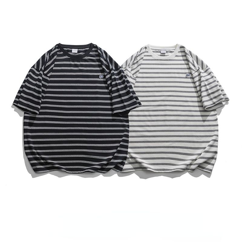 Bonsir Trendy Japanese Pinstripe Short Sleeved T Shirt Men's Vintage Loose Couple Versatile Tee for Summer
