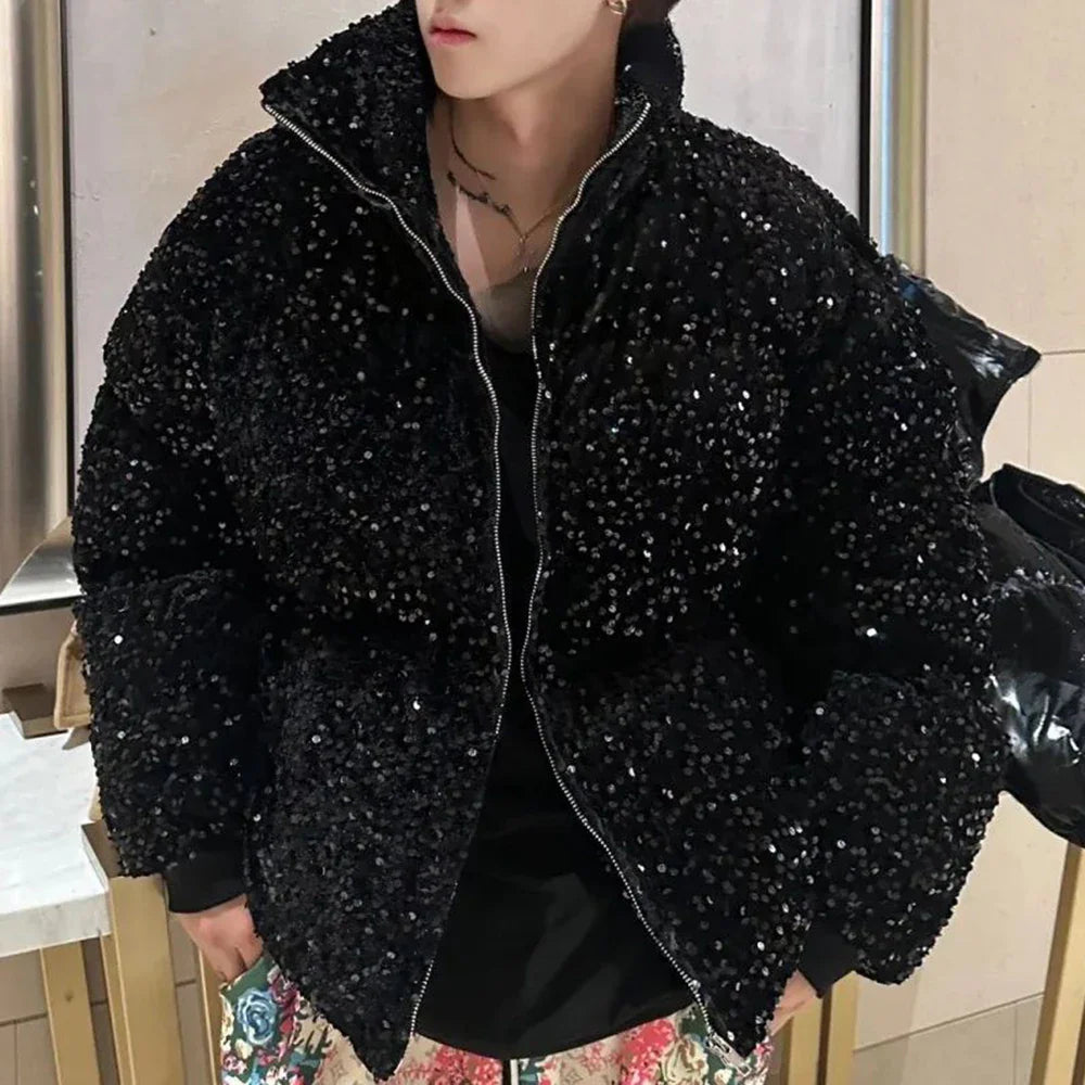 sanyamk Mens sequin casual jacket genderless 2024 new autumn winter fashion personality street trend youth thickened jacket unisex