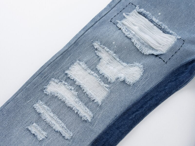 sanyamk Contrast Color Hole Ripped Distressed Blue Men's Jeans Pants Retro Streetwear Frayed Baggy Casual Flare Denim Trousers Oversize