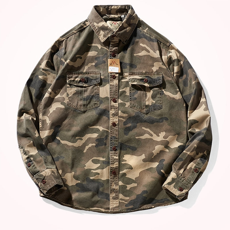 sanyamk Military Style Camouflage Shirt Men Spring Fall New Fashion Multi Pocket Cargo Blouse Vintage Casual Loose Versatile Cotton Tops