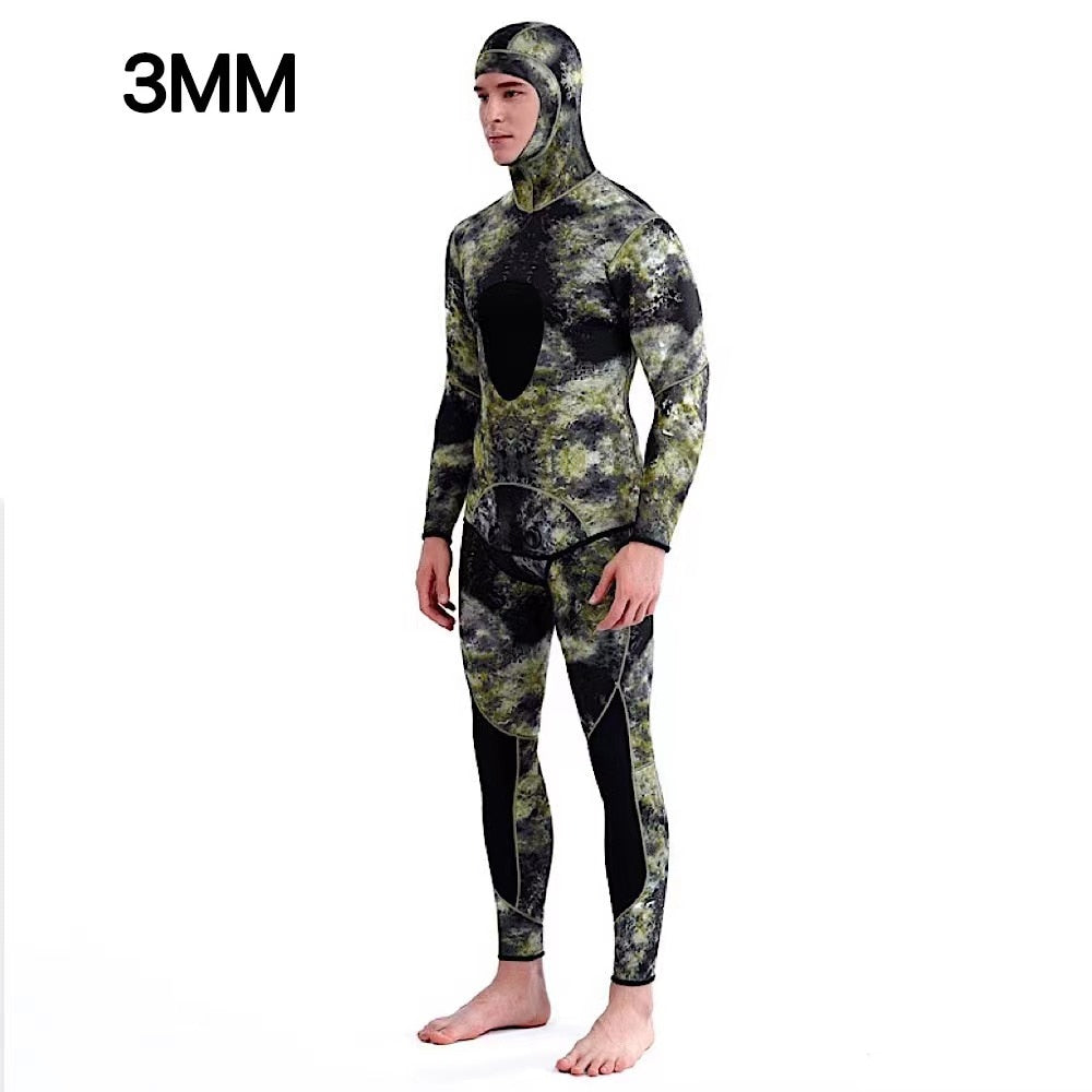 HOT 3mm Camouflage Wetsuit Long Sleeve Fission Hooded 2 Pieces Of Neoprene Submersible For Men Keep Warm Waterproof Diving Suit