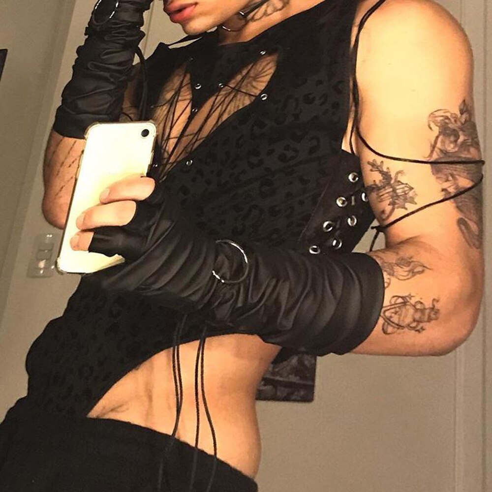 sanyamk Men Bodysuits Hollowout New Sexy Mesh Transparent Lace Up Rompers Sleeveless Playsuit Underwear LGBT Erotic Lingerie Romper
