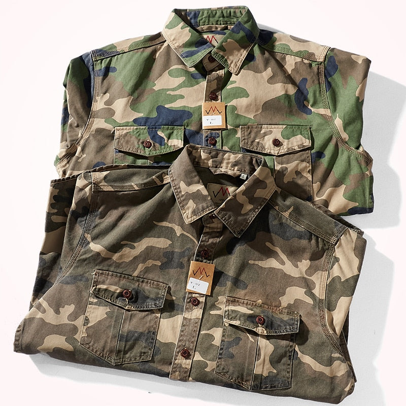 sanyamk Military Style Camouflage Shirt Men Spring Fall New Fashion Multi Pocket Cargo Blouse Vintage Casual Loose Versatile Cotton Tops