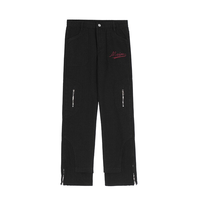 sanyamk Retro High Street Vibe Style Letter Embroidery Jeans for Men Ankle Zipper Straight Solid Color Baggy Casual Denim Trousers