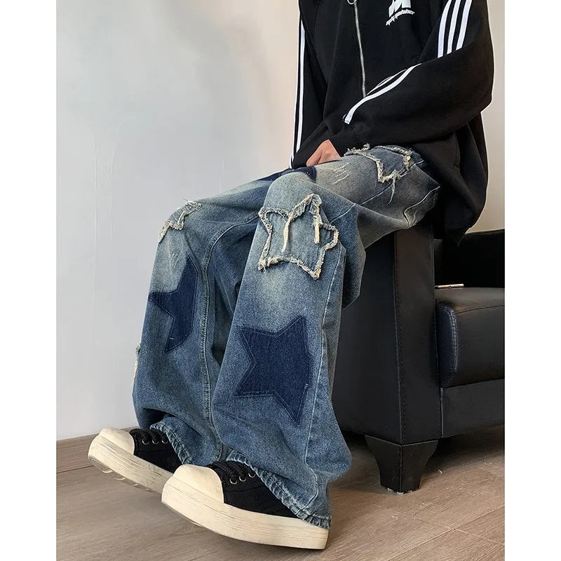 sanyamk Star Embroidery Patchwork Jeans Men Straight Casual Autumn New Wide Leg Hip-hop Fashion Youth Neutral Streetwear Denim Trousers
